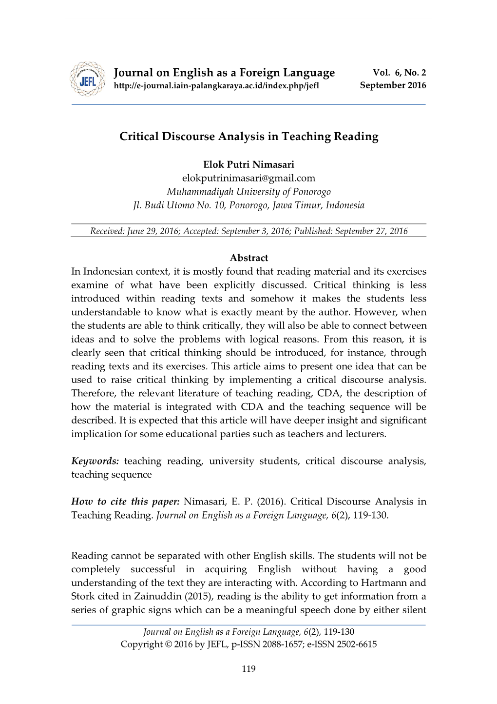 Critical Discourse Analysis in Teaching Reading Journal On
