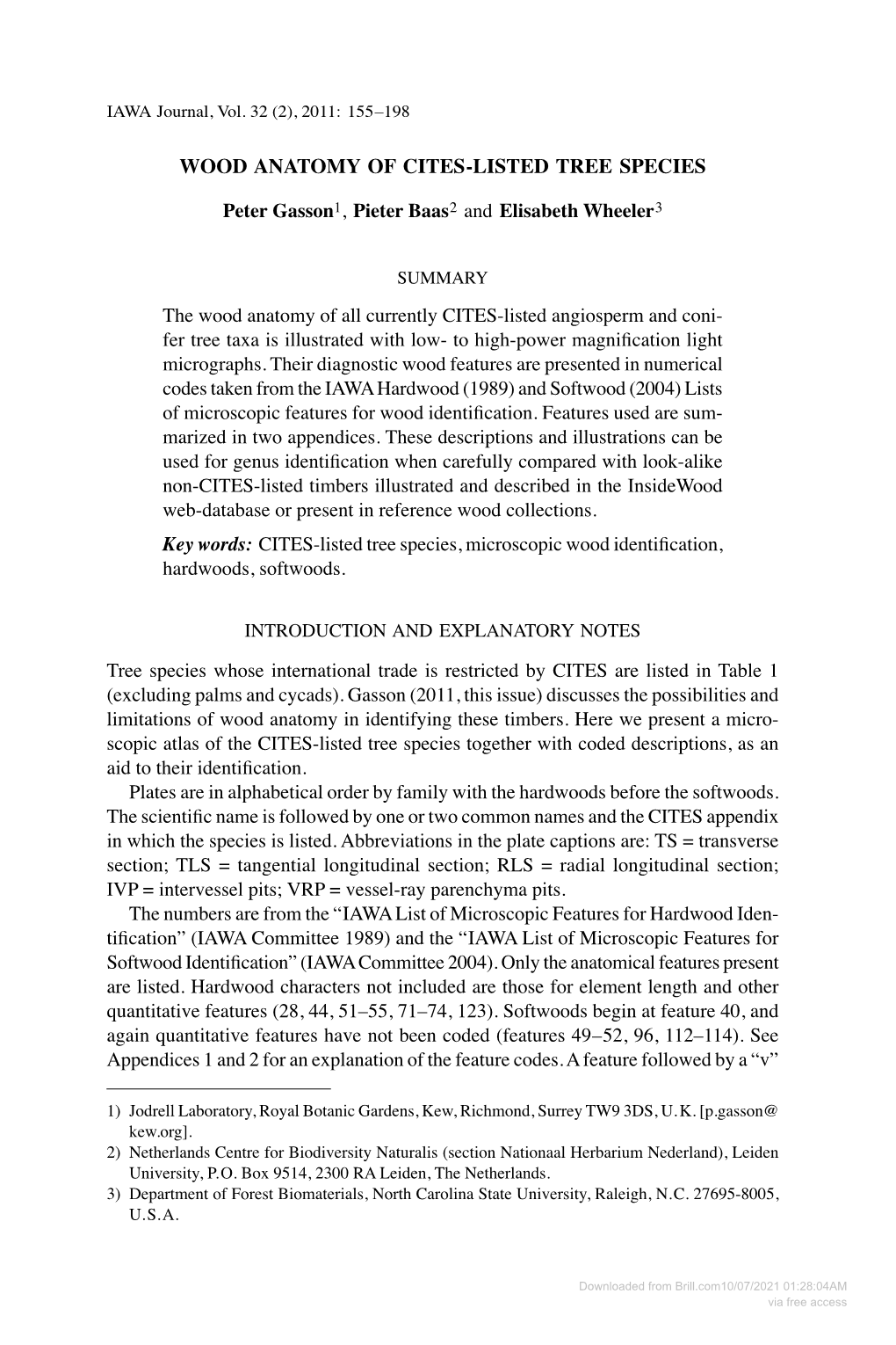 Downloaded from Brill.Com10/07/2021 01:28:04AM Via Free Access 156 IAWA Journal, Vol