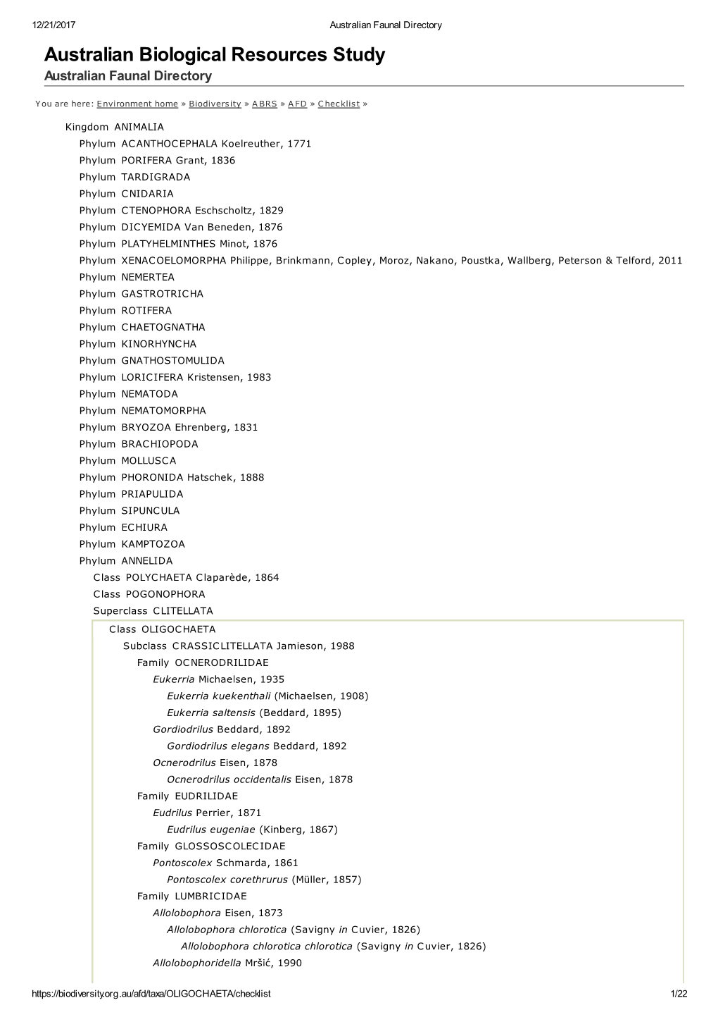 Australian Biological Resources Study Australian Faunal Directory