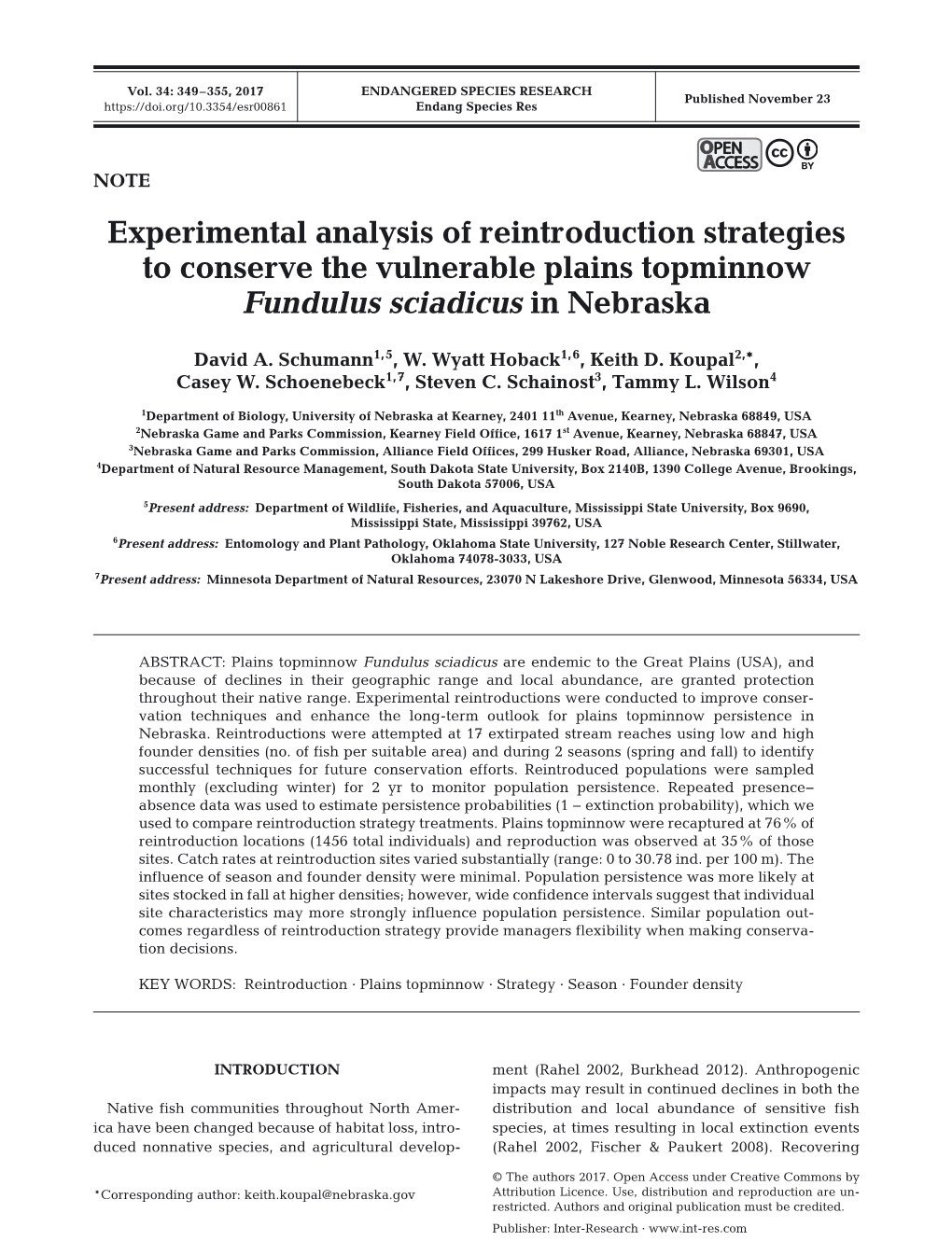Experimental Analysis of Reintroduction Strategies to Conserve the Vulnerable Plains Topminnow Fundulus Sciadicus in Nebraska