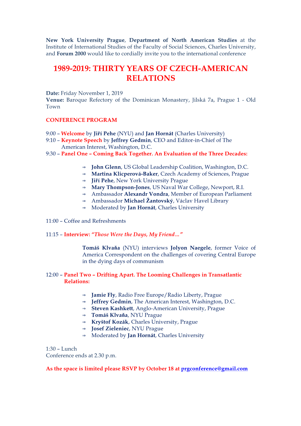 1989-2019: Thirty Years of Czech-American Relations