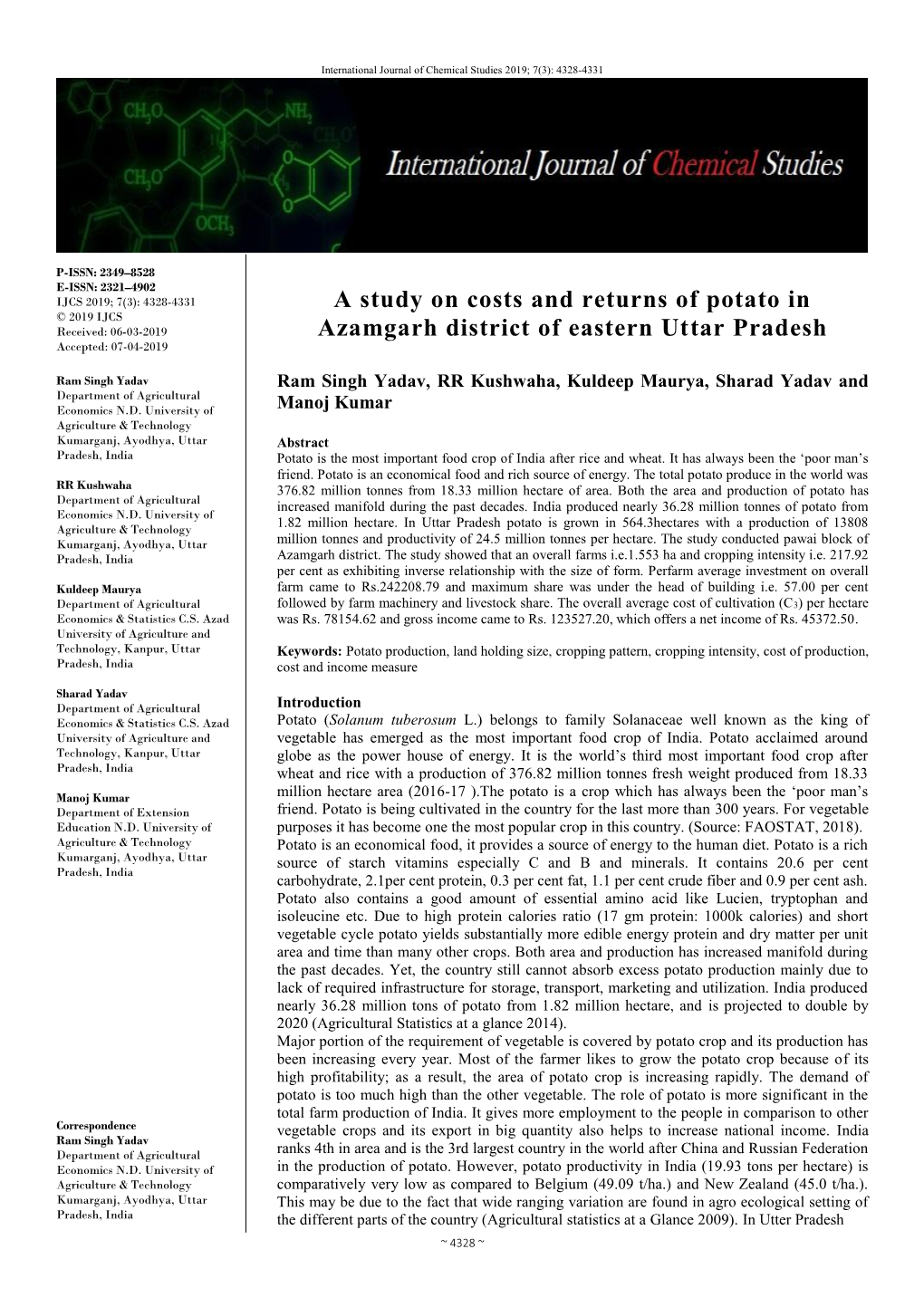 A Study on Costs and Returns of Potato in Azamgarh District of Eastern Uttar