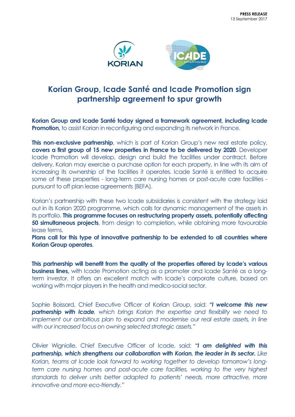 Korian Group, Icade Santé and Icade Promotion Sign Partnership Agreement to Spur Growth