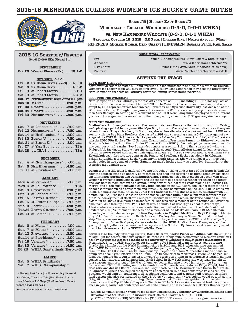 2015-16 Merrimack College Women's Ice Hockey Game Notes