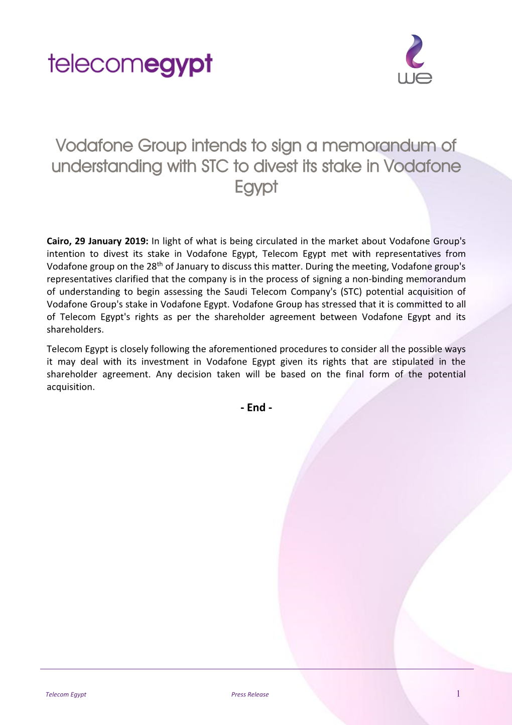 Vodafone Group Intends to Sign a Memorandum of Understanding with STC to Divest Its Stake in Vodafone Egypt