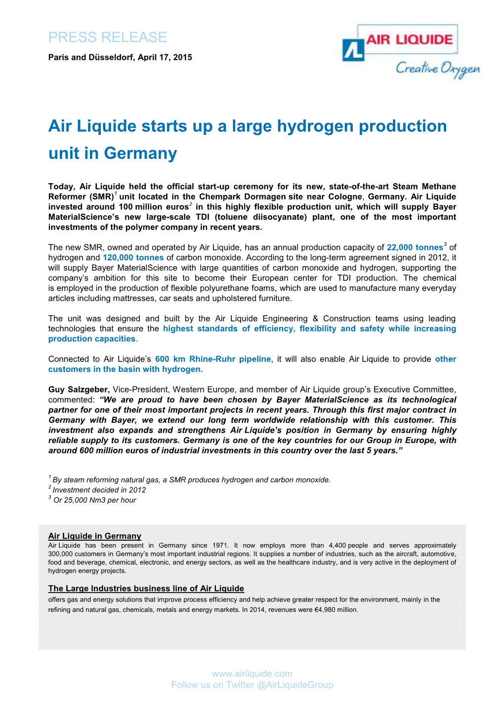 Air Liquide Starts up a Large Hydrogen Production Unit in Germany
