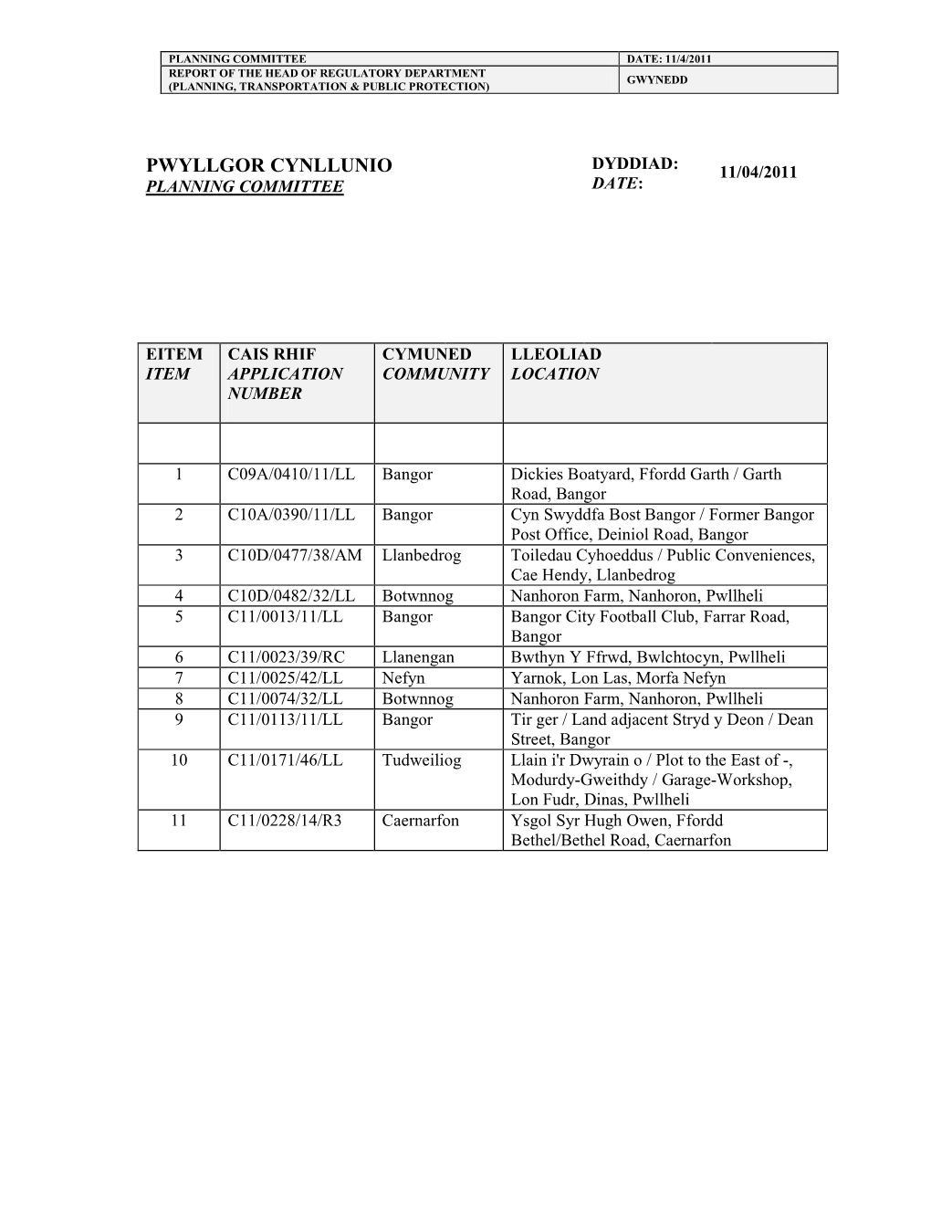Pwyllgor Cynllunio 11/04/2011 Date : Planning Committee