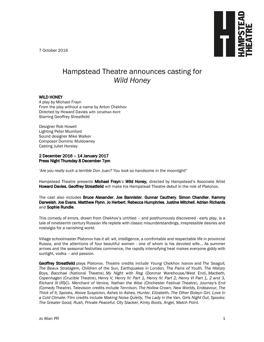 Hampstead Theatre Announces Casting for Wild Honey