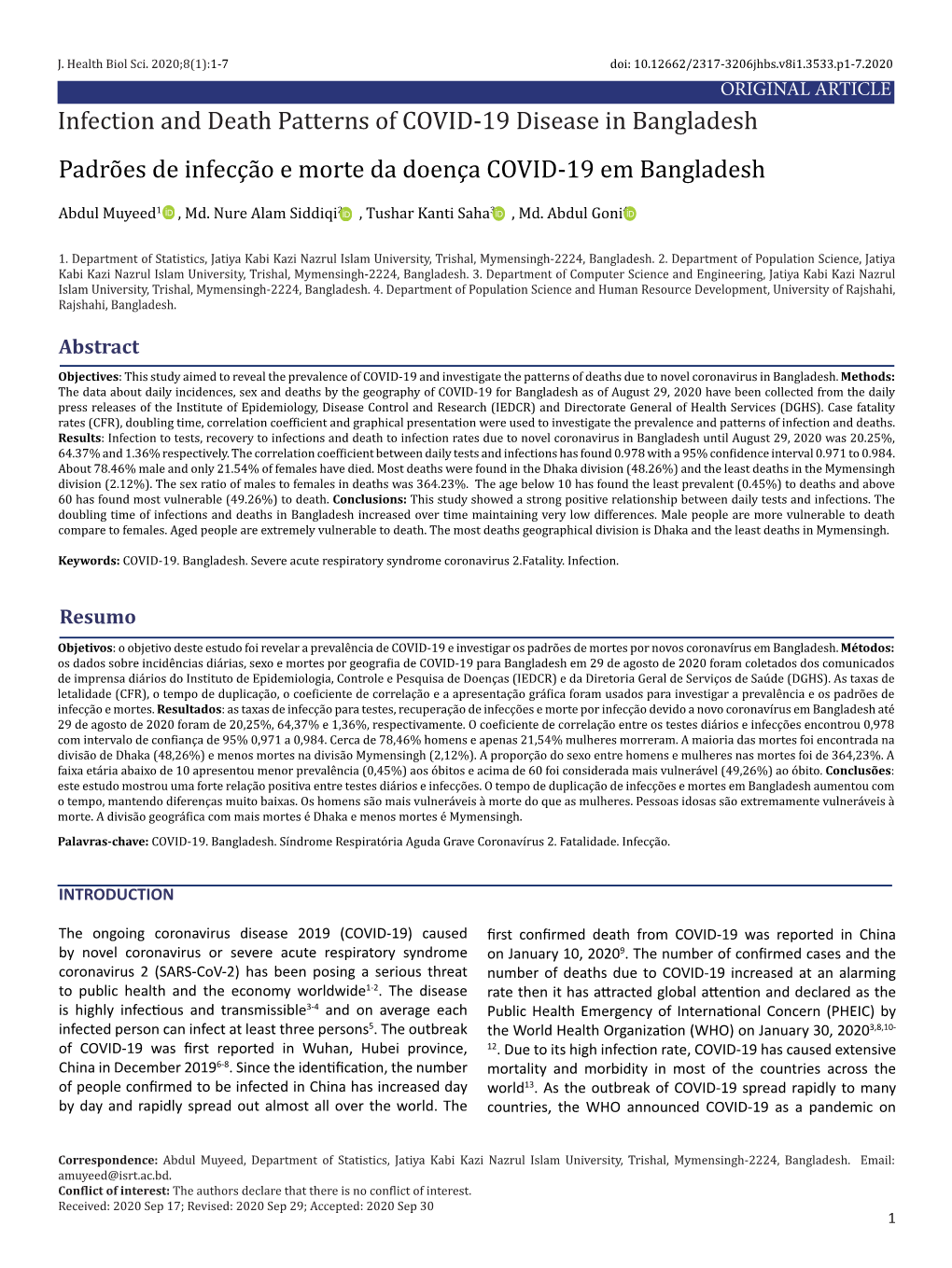 Infection and Death Patterns of COVID-19 Disease in Bangladesh Padrões De Infecção E Morte Da Doença COVID-19 Em Bangladesh