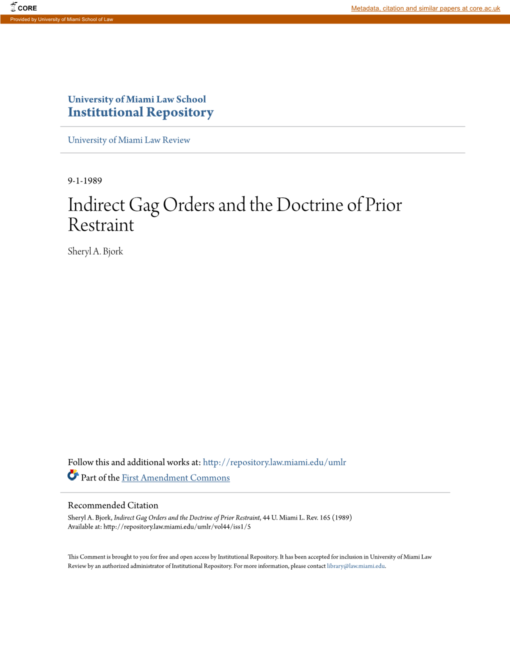 Indirect Gag Orders and the Doctrine of Prior Restraint Sheryl A