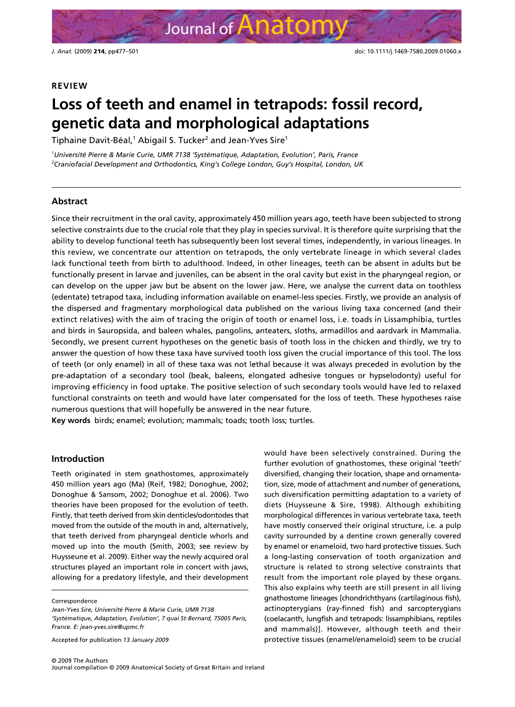 Loss of Teeth and Enamel in Tetrapods: Fossil Record, Genetic Data and Morphological Adaptations Tiphaine Davit-Béal,1 Abigail S