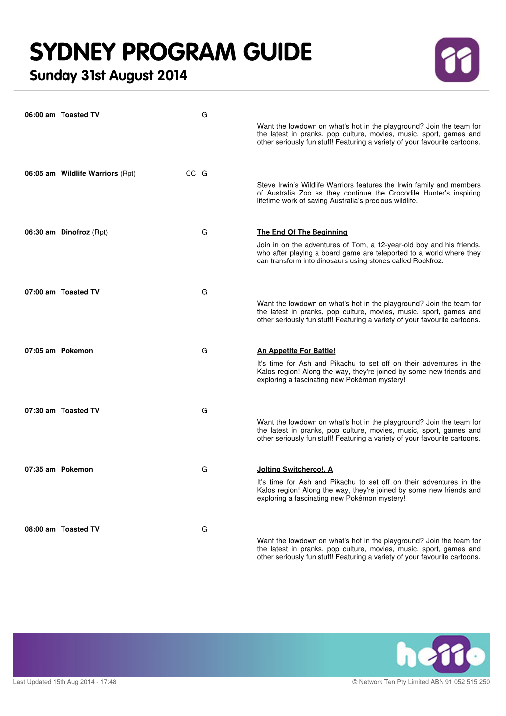 SYDNEY PROGRAM GUIDE Sunday 31St August 2014