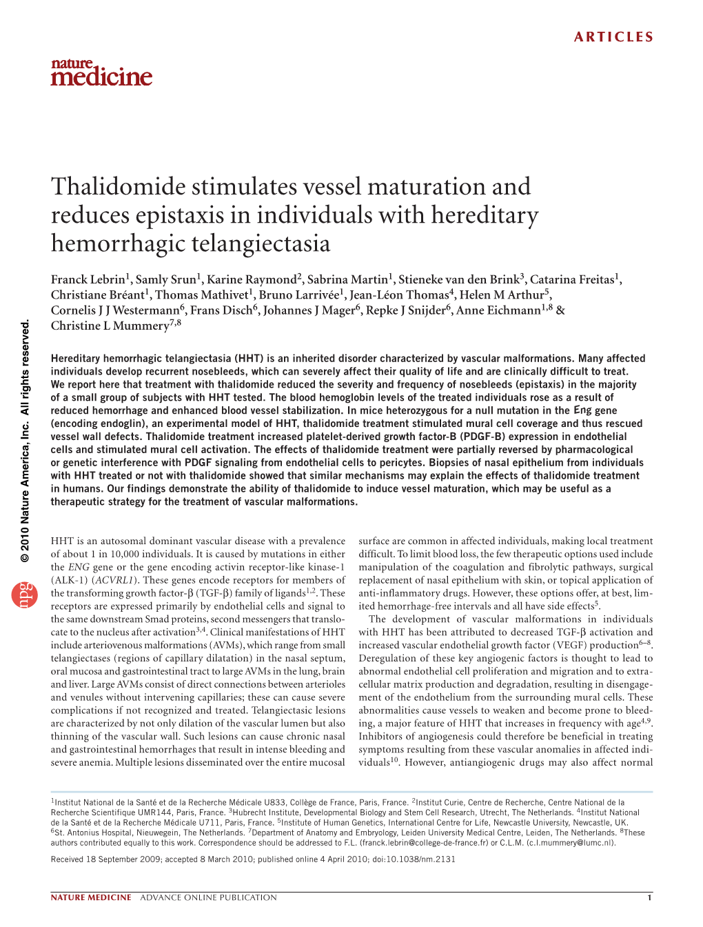 Thalidomide Stimulates Vessel Maturation and Reduces Epistaxis in Individuals with Hereditary Hemorrhagic Telangiectasia