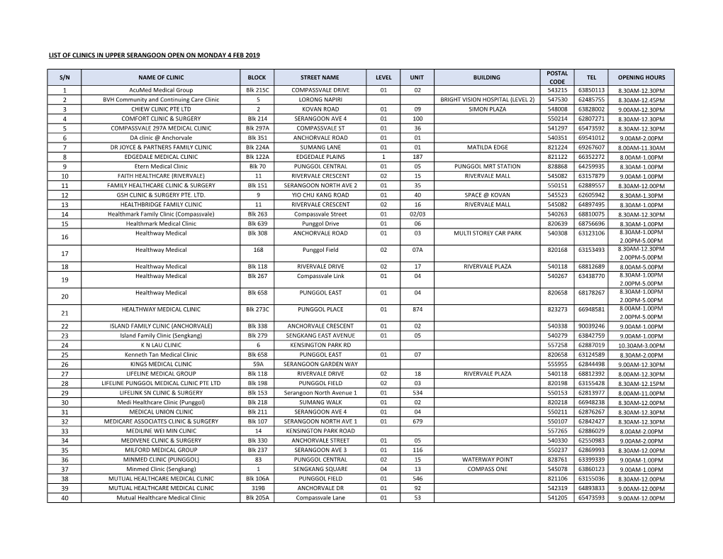 List of Clinics in Upper Serangoon Open on Monday 4 Feb 2019