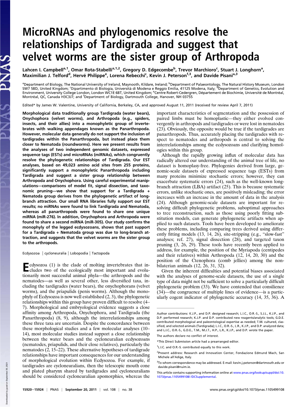 Micrornas and Phylogenomics Resolve the Relationships of Tardigrada and Suggest That Velvet Worms Are the Sister Group of Arthropoda