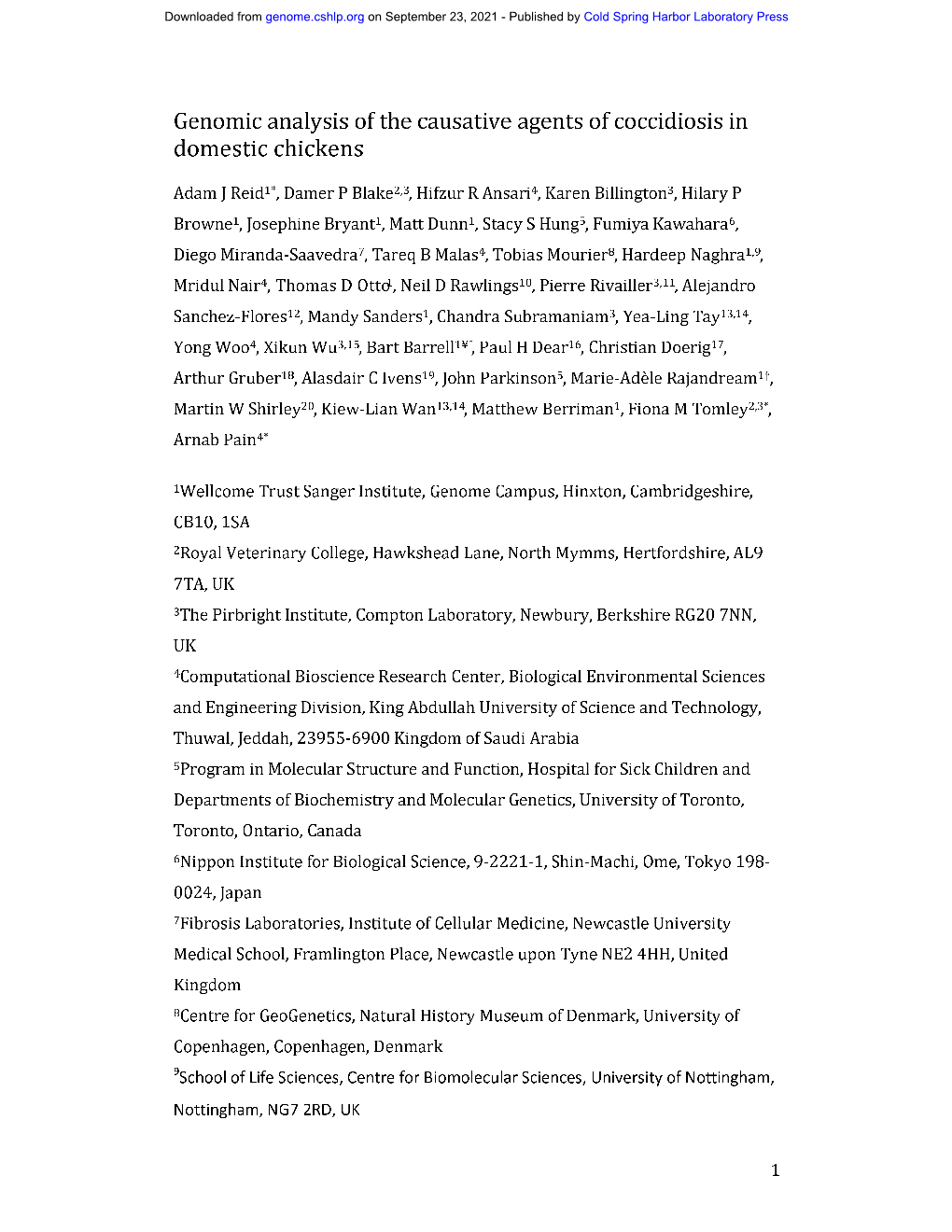 Genomic Analysis of the Causative Agents of Coccidiosis in Domestic Chickens