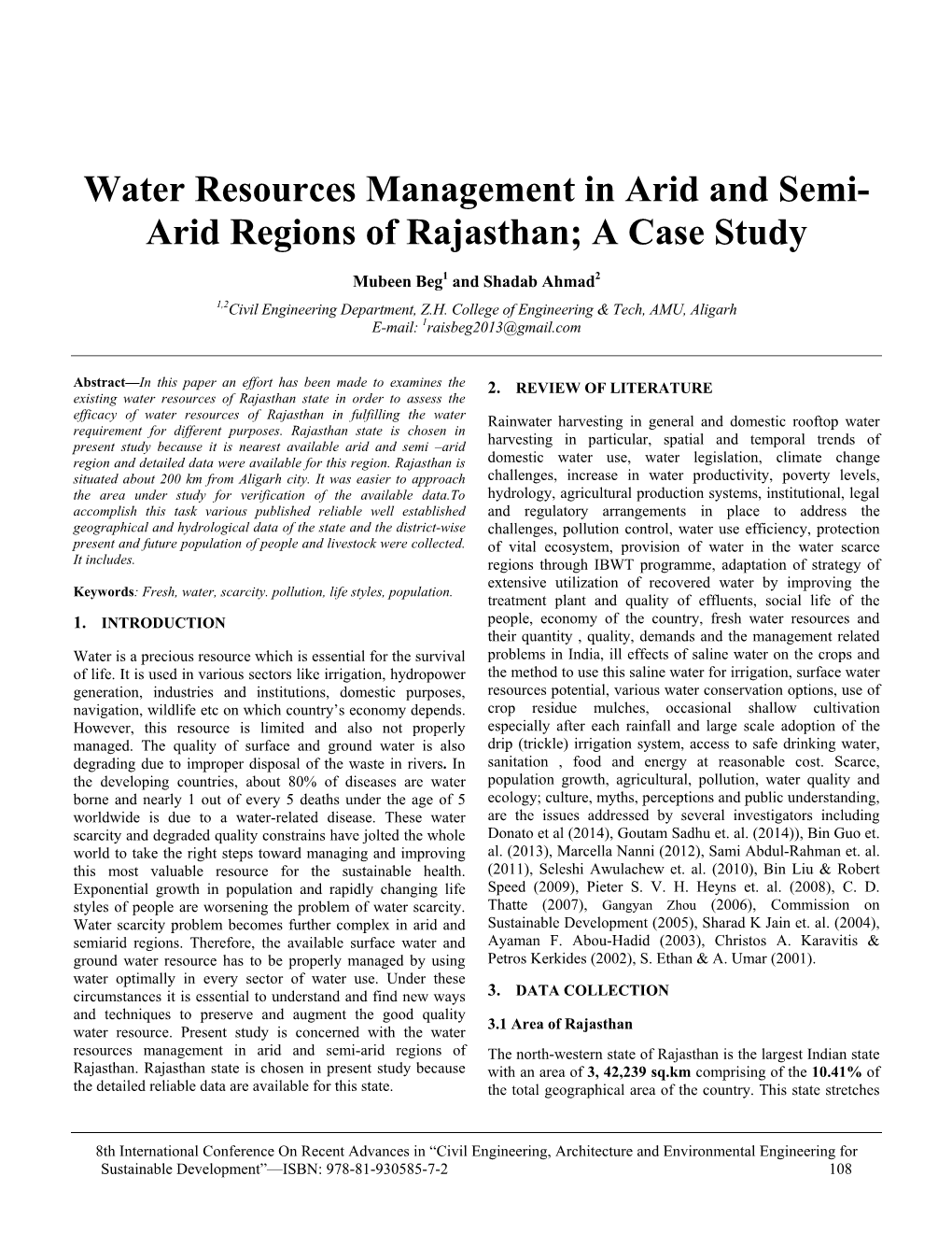 Water Resources Management in Arid and Semi- Arid Regions of Rajasthan; a Case Study