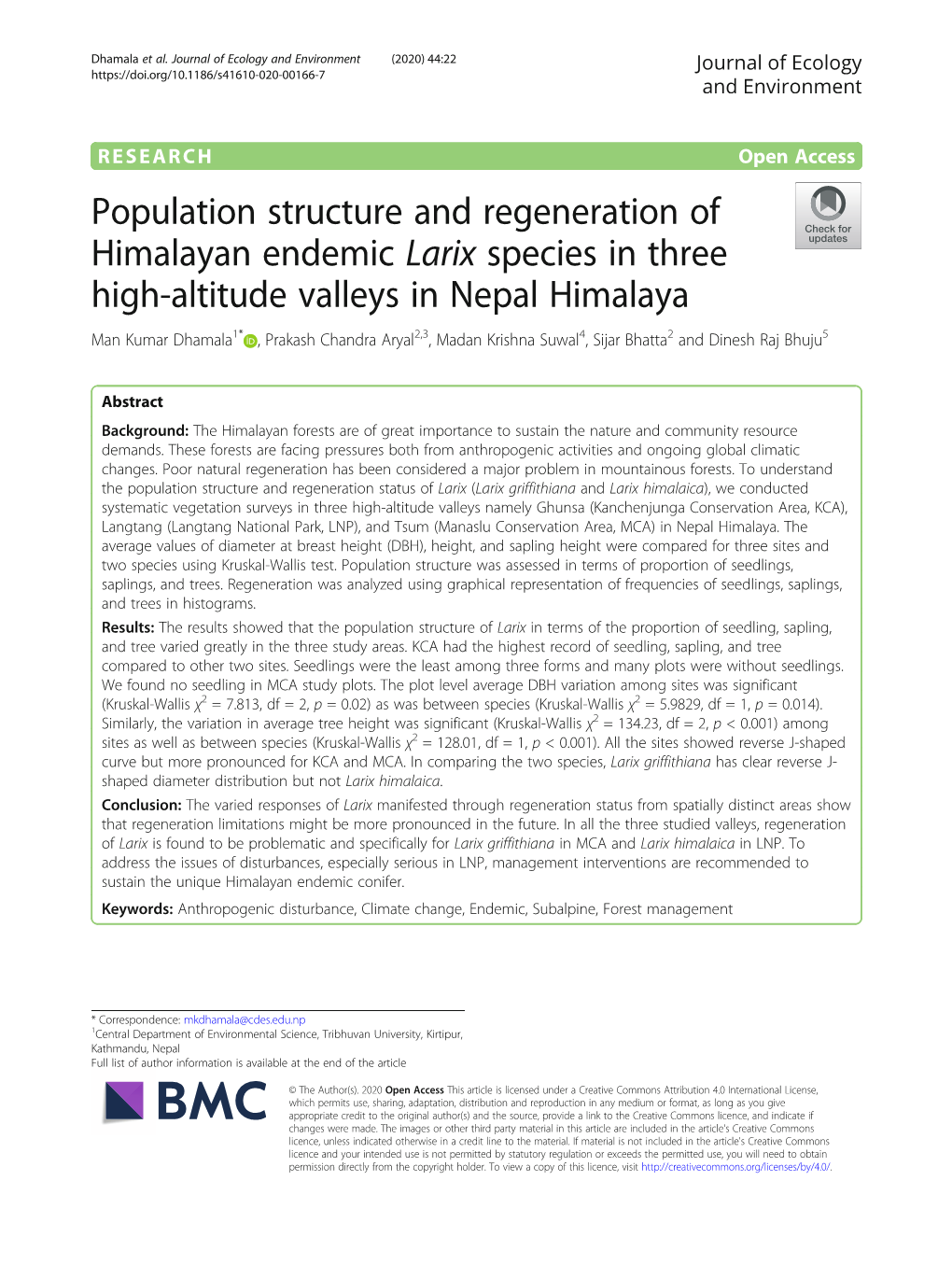 Population Structure and Regeneration of Himalayan Endemic Larix Species in Three High-Altitude Valleys in Nepal Himalaya