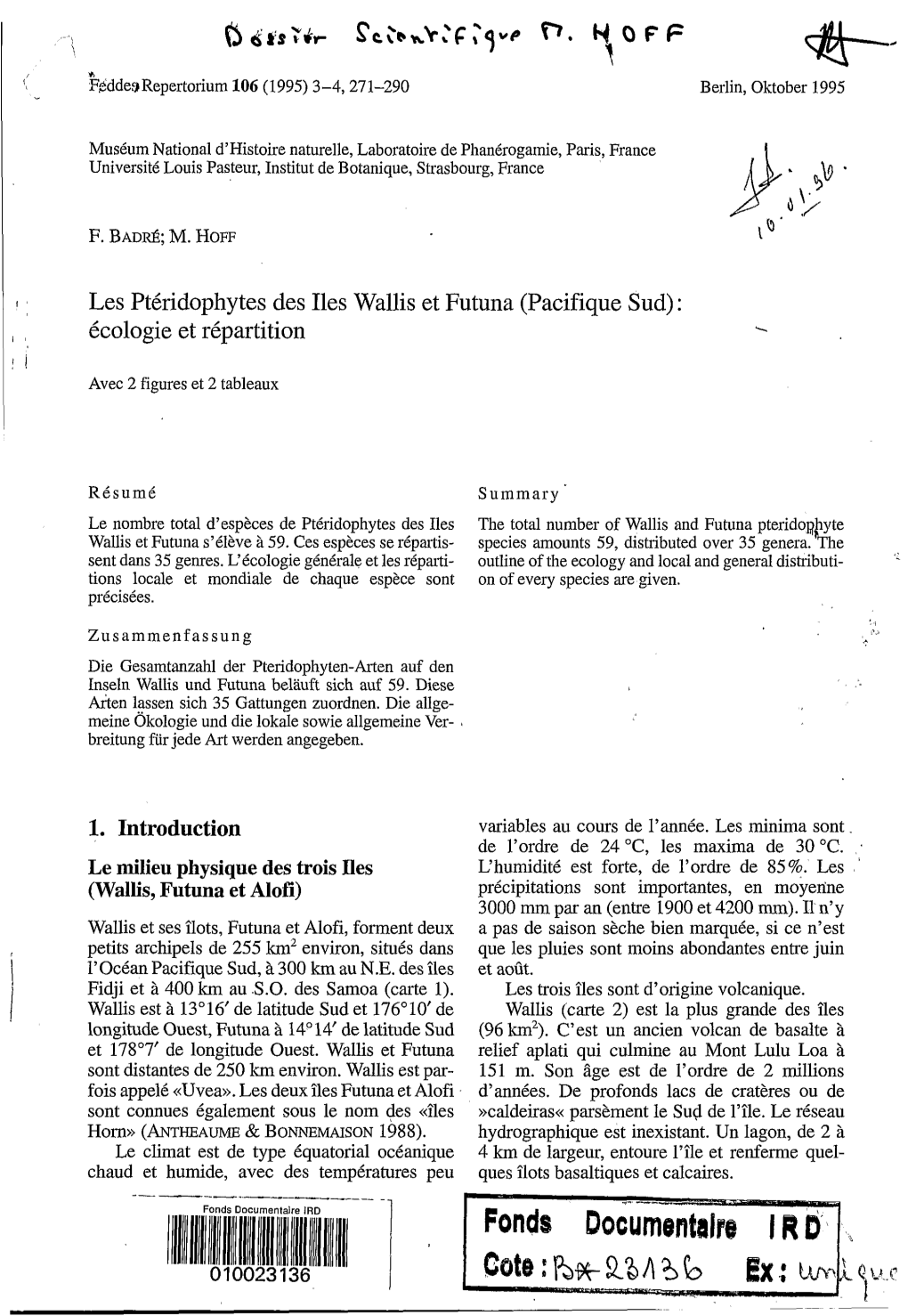 Les Ptéridophytes Des Iles Wallis Et Futuna (Pacifique Sud) : I Écologie Et Répartition