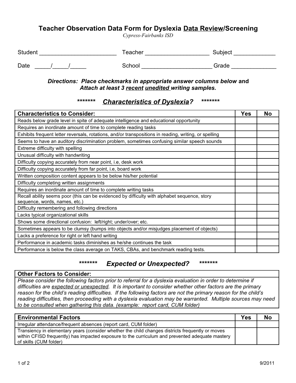 Part 1: Dyslexia Screening Teacher Observation Data Form