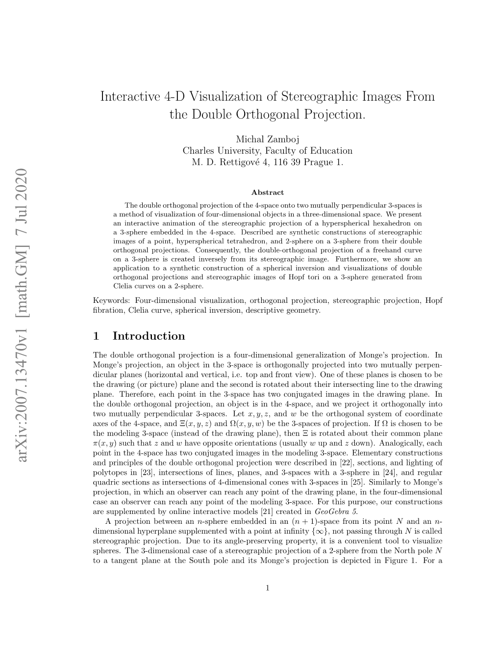 Interactive 4-D Visualization of Stereographic Images from the Double Orthogonal Projection