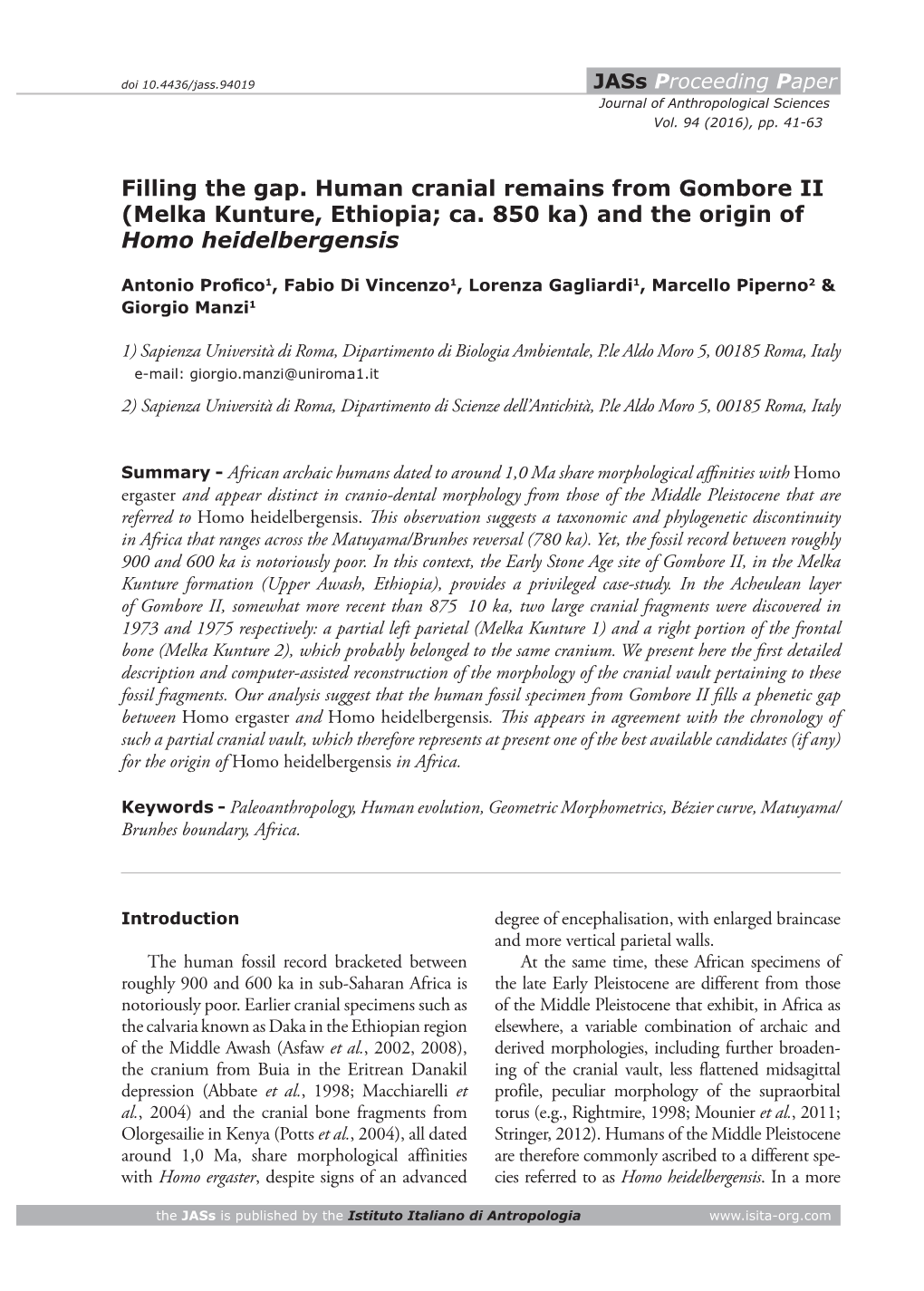 Melka Kunture, Ethiopia; Ca. 850 Ka) and the Origin of Homo Heidelbergensis