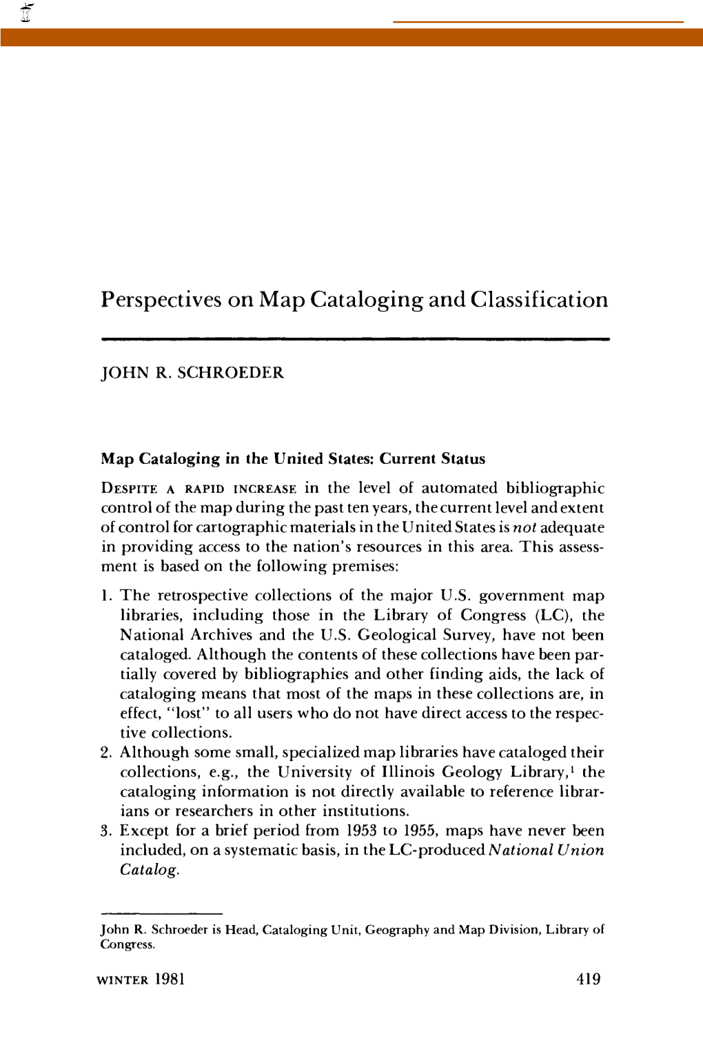 Perspectives on Map Cataloging and Classification