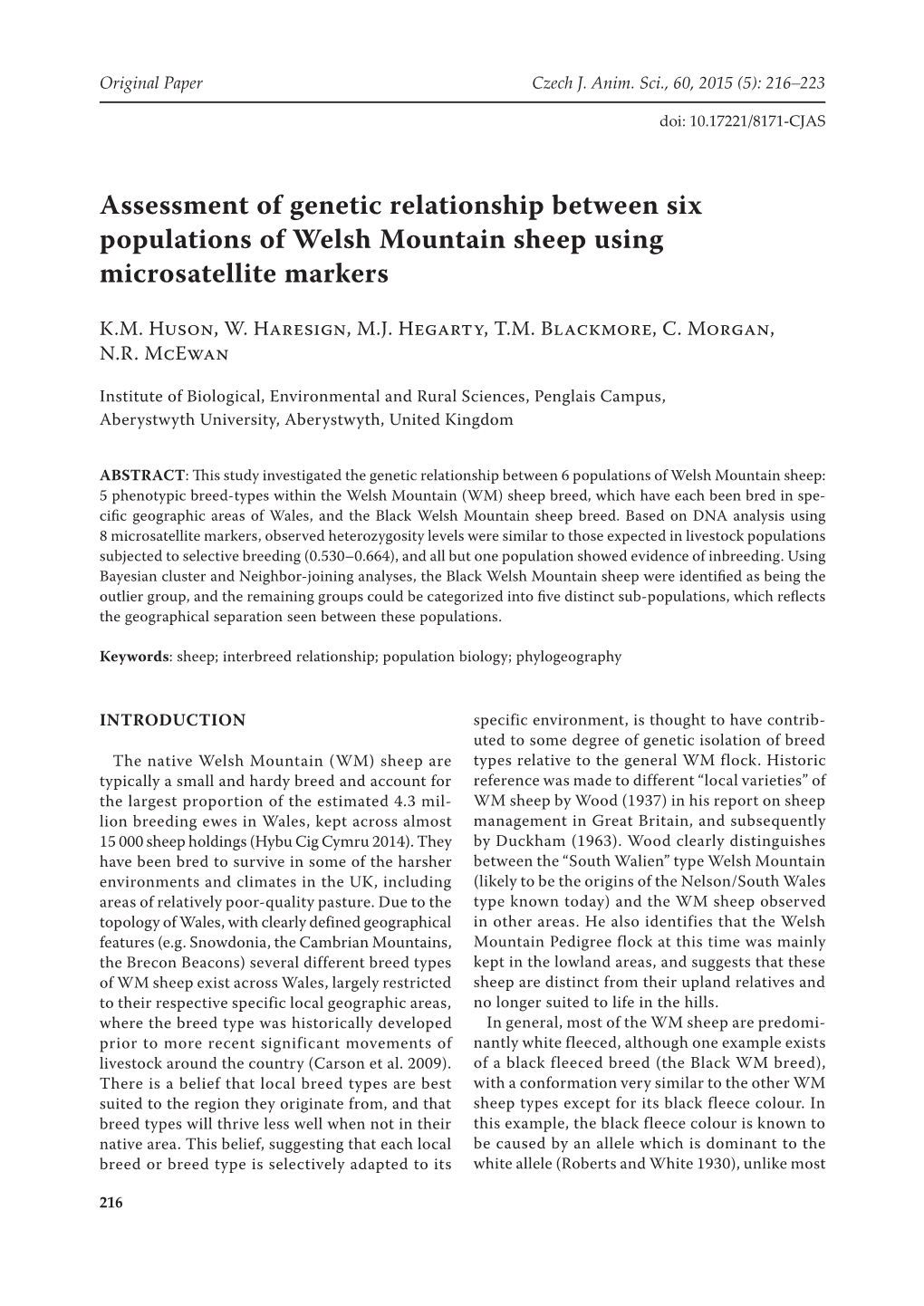 Assessment of Genetic Relationship Between Six Populations of Welsh Mountain Sheep Using Microsatellite Markers