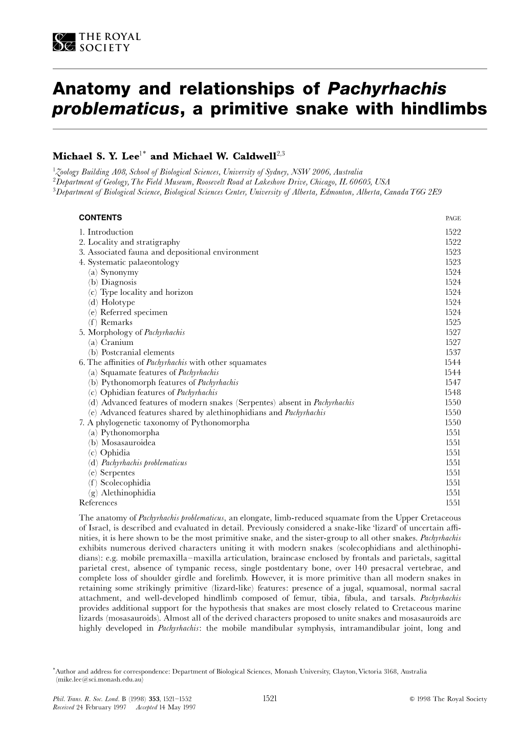 Anatomy and Relationships of Pachyrhachis Problematicus, a Primitive Snake with Hindlimbs