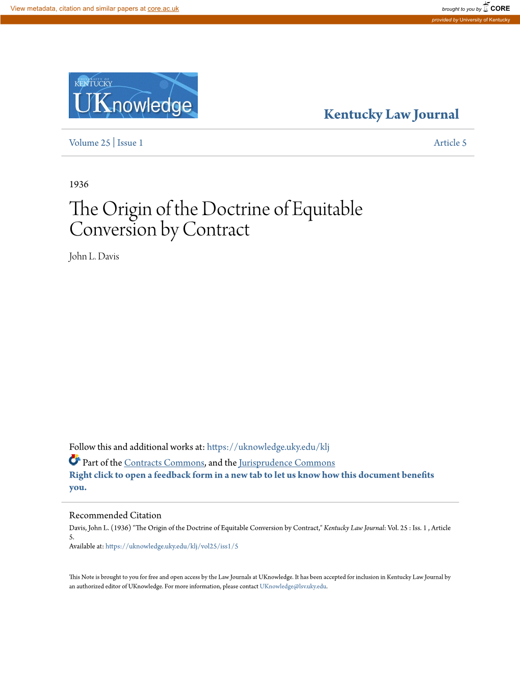 The Origin of the Doctrine of Equitable Conversion by Contract John L