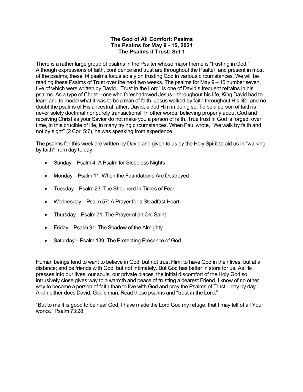The God of All Comfort: Psalms the Psalms for May 9 - 15, 2021 the Psalms If Trust: Set 1
