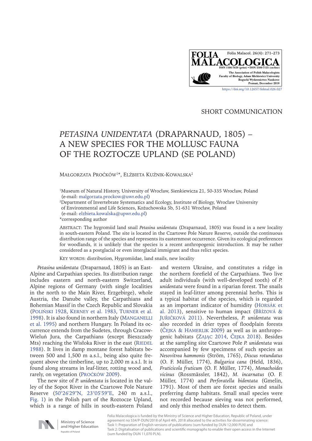 Petasina Unidentata (Draparnaud, 1805) – a New Species for the Mollusc Fauna of the Roztocze Upland (Se Poland)