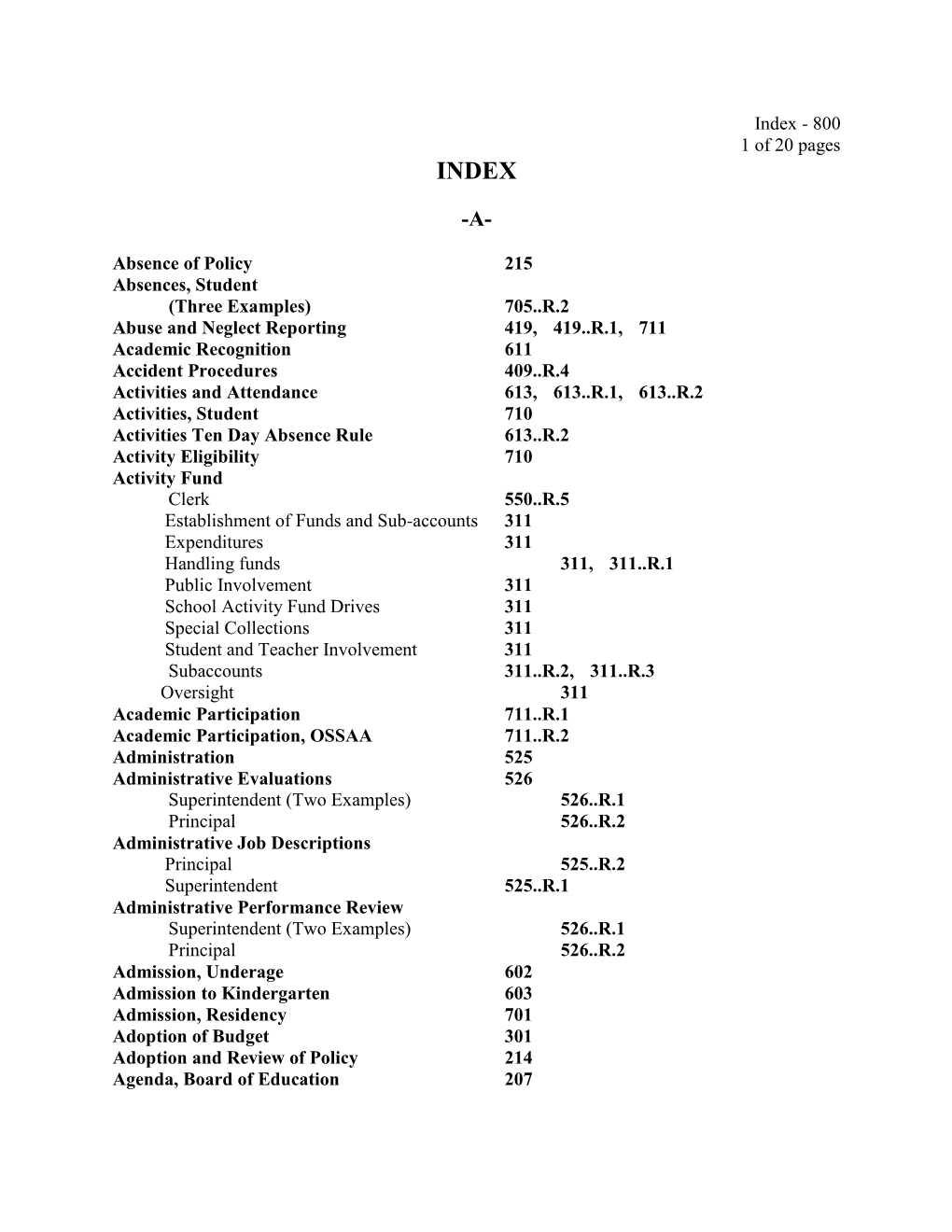 Index - 800 1 of 20 Pages INDEX