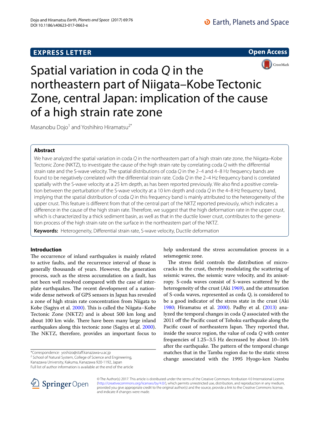 Spatial Variation in Coda Q in the Northeastern Part of Niigata–Kobe