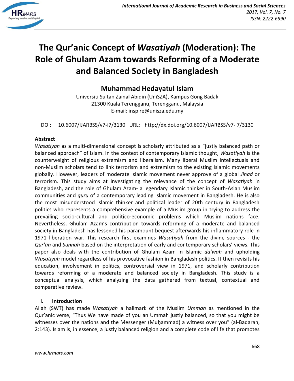 The Role of Ghulam Azam Towards Reforming of a Moderate and Balanced Society in Bangladesh