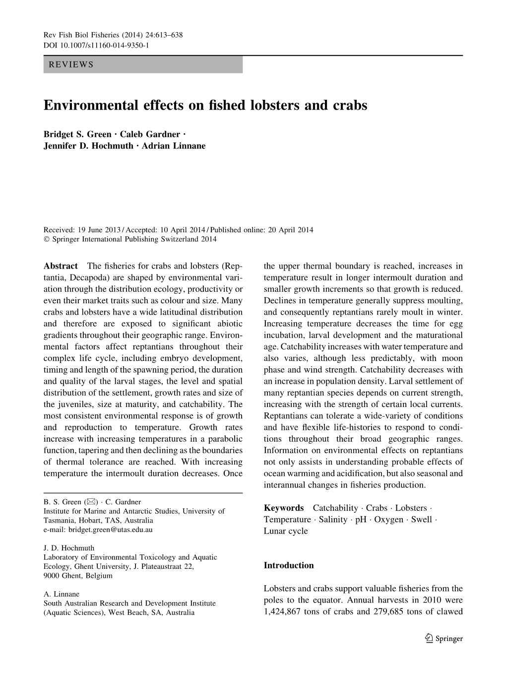 Environmental Effects on Fished Lobsters and Crabs