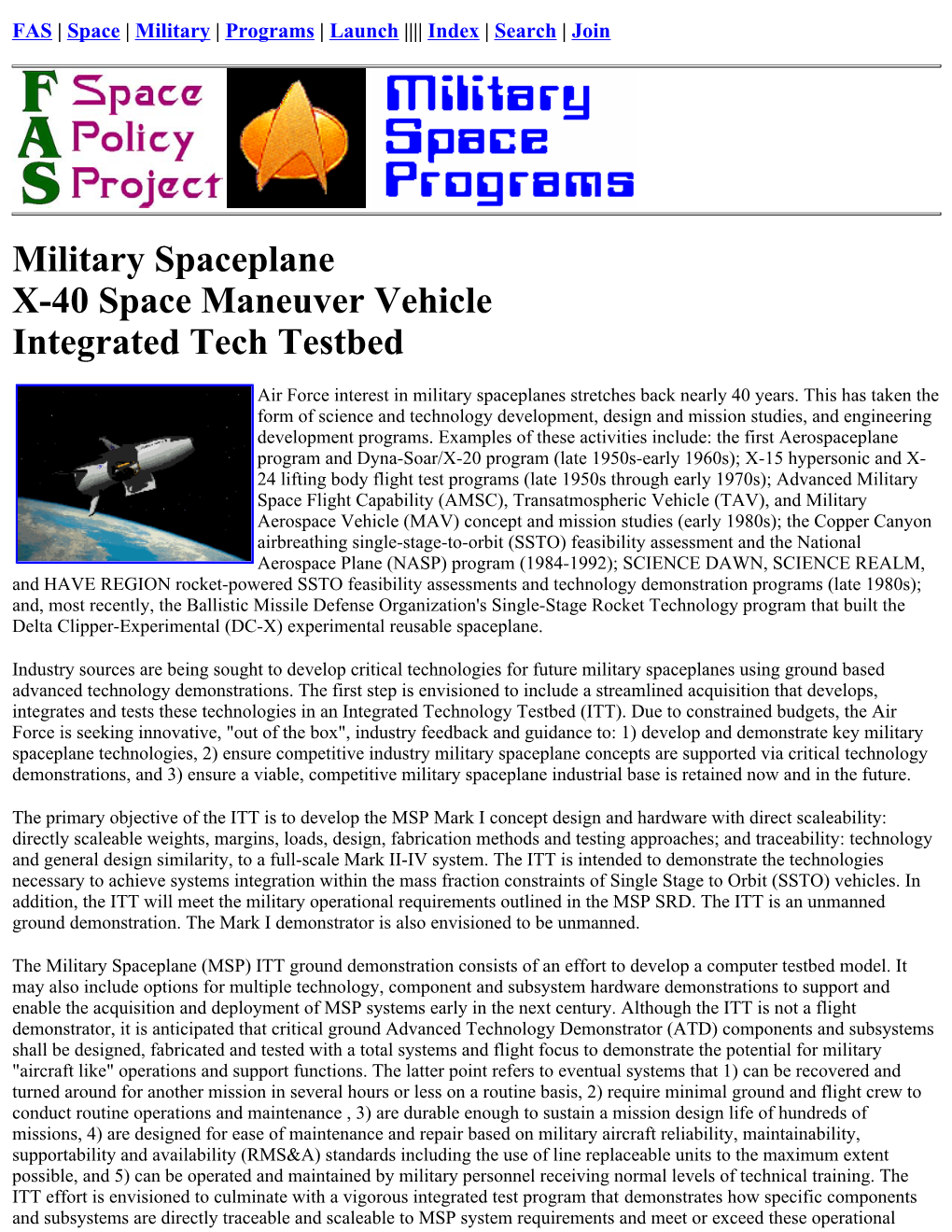 Military Spaceplane / X-40 Space Maneuver Vehicle / Integrated Tech