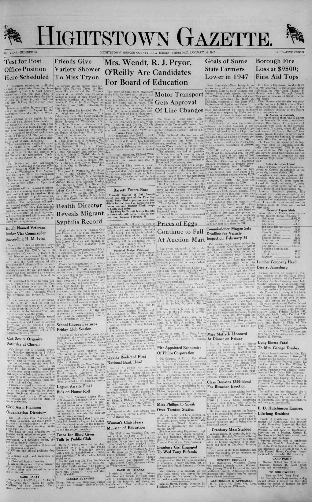 Hightstown Gazette. 98Th Y E a R - N U M B E R 35 HIGHTSTOWN, MERCER COUNTY, NEW JERSEY, THURSDAY, JANUARY 16, 1947 PRICE—FIVE CENTS Test for Post !Friends Give Mrs