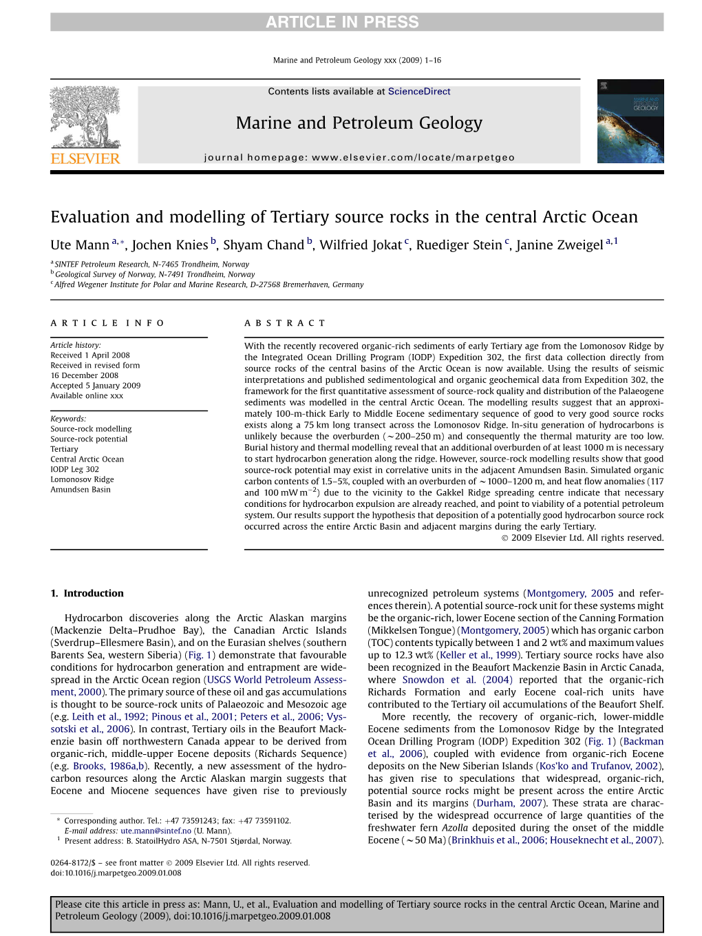 Evaluation and Modelling of Tertiary Source Rocks in the Central Arctic Ocean