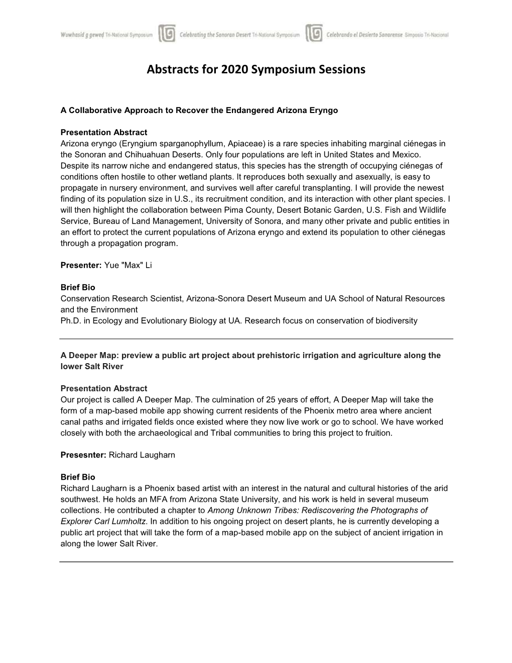 Abstracts for 2020 Symposium Sessions