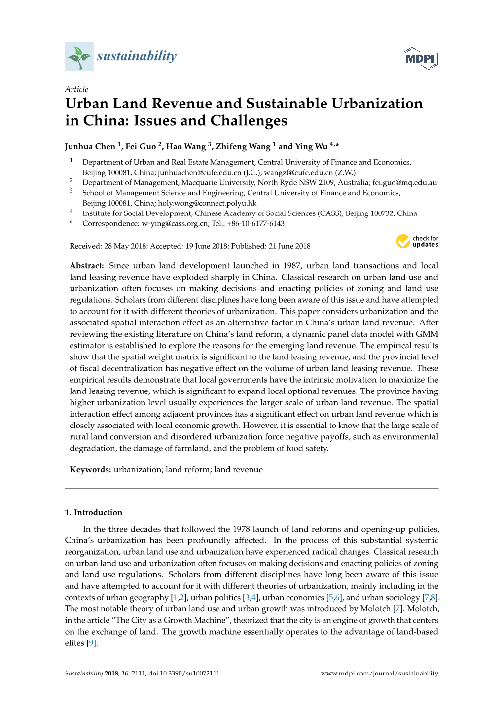 Urban Land Revenue and Sustainable Urbanization in China: Issues and Challenges