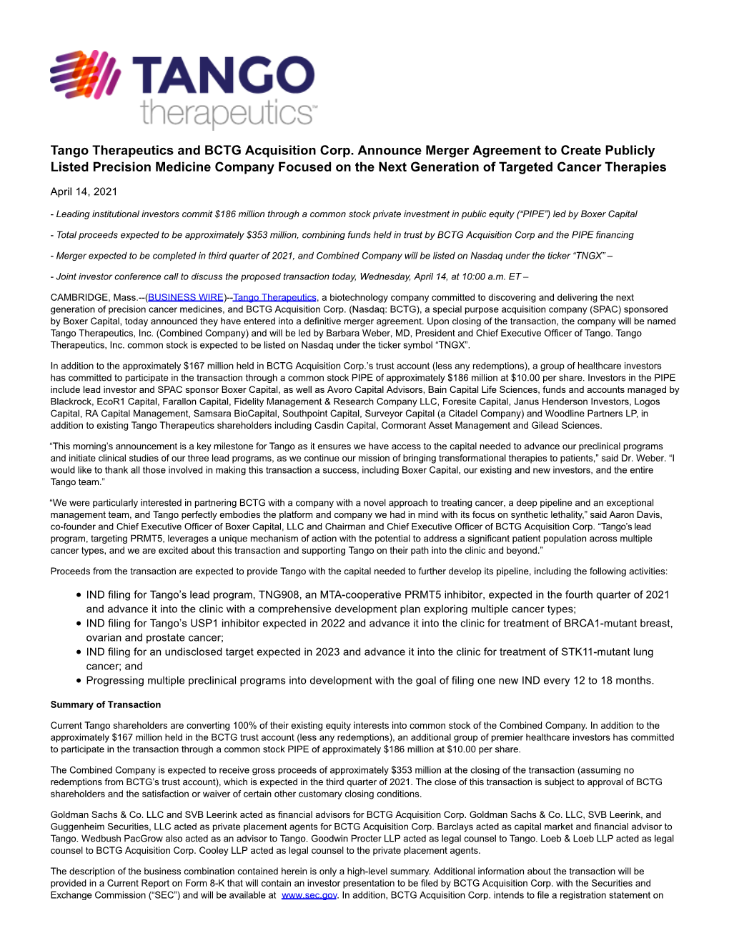 Tango Therapeutics and BCTG Acquisition Corp. Announce Merger