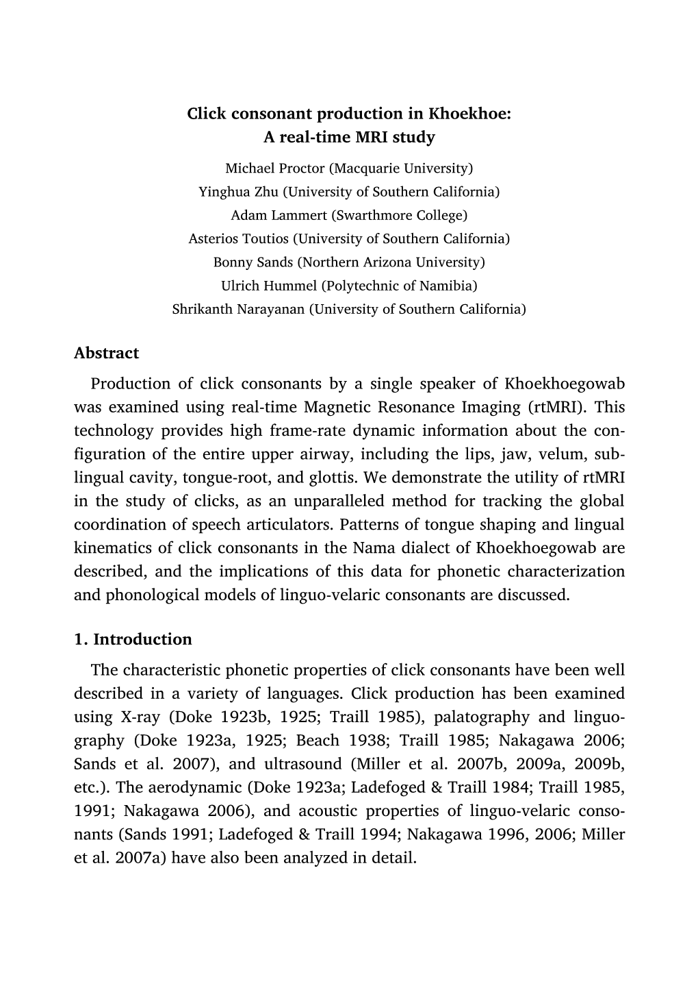 Click Consonant Production in Khoekhoe: a Real-Time MRI Study