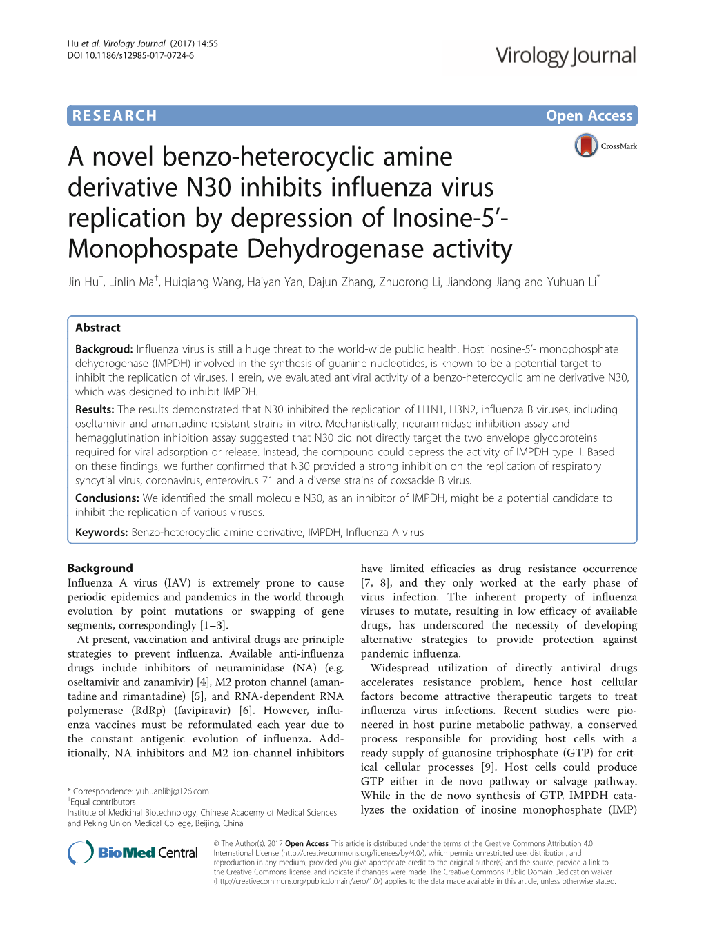 A Novel Benzo-Heterocyclic Amine Derivative N30 Inhibits Influenza