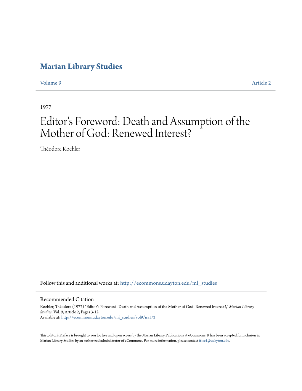 Death and Assumption of the Mother of God: Renewed Interest? Théodore Koehler