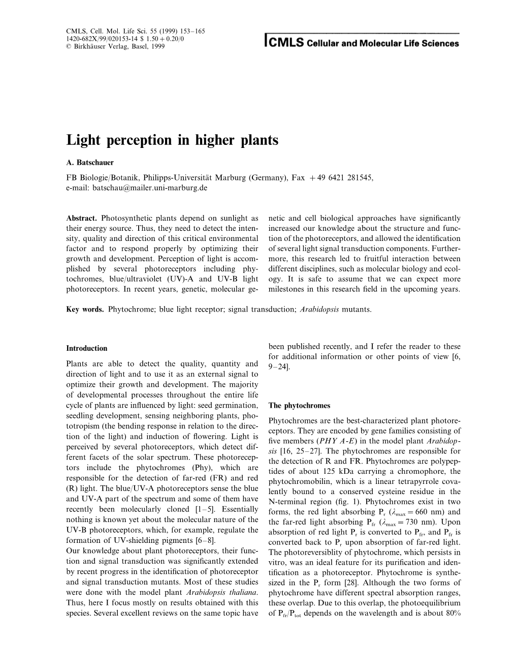 Light Perception in Higher Plants