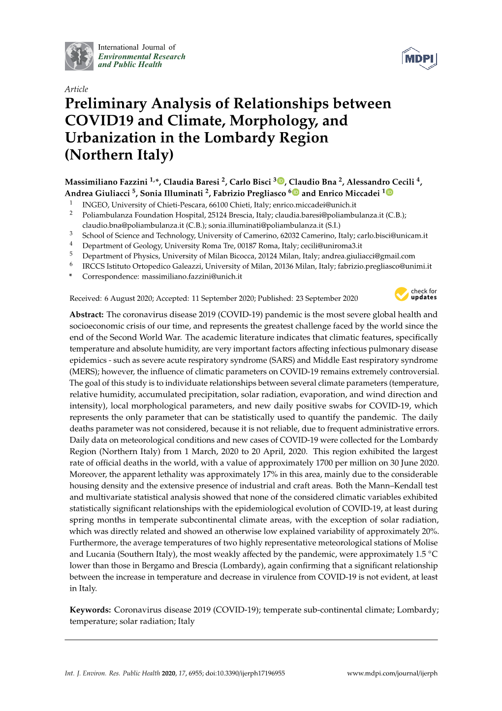 Preliminary Analysis of Relationships Between COVID19 and Climate, Morphology, and Urbanization in the Lombardy Region (Northern Italy)