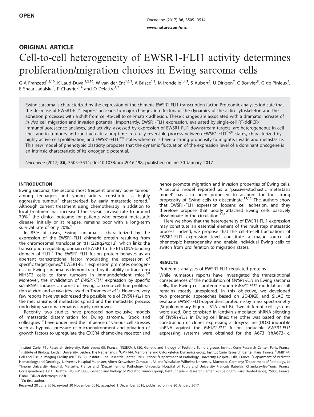 Cell-To-Cell Heterogeneity of EWSR1-FLI1 Activity Determines Proliferation/Migration Choices in Ewing Sarcoma Cells