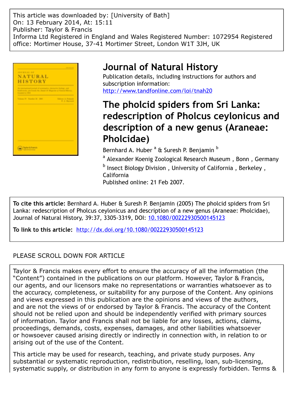 Journal of Natural History the Pholcid Spiders from Sri Lanka