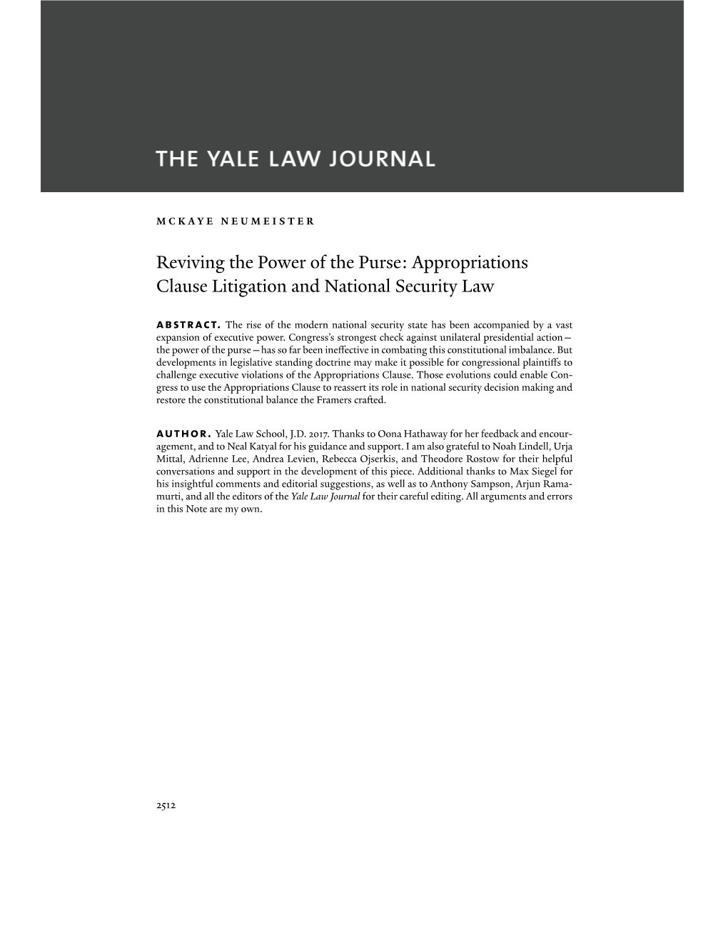 Reviving the Power of the Purse: Appropriations Clause Litigation and National Security Law Abstract